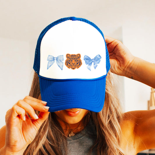 Tiger Mascot & Blue Coquette Bows Foam Front Trucker Hat for Women and Teens Classic 5 Panel Mesh Snapback