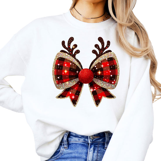 Kids or teen wearing red and black check Christmas bow reindeer antlers holiday graphic tee