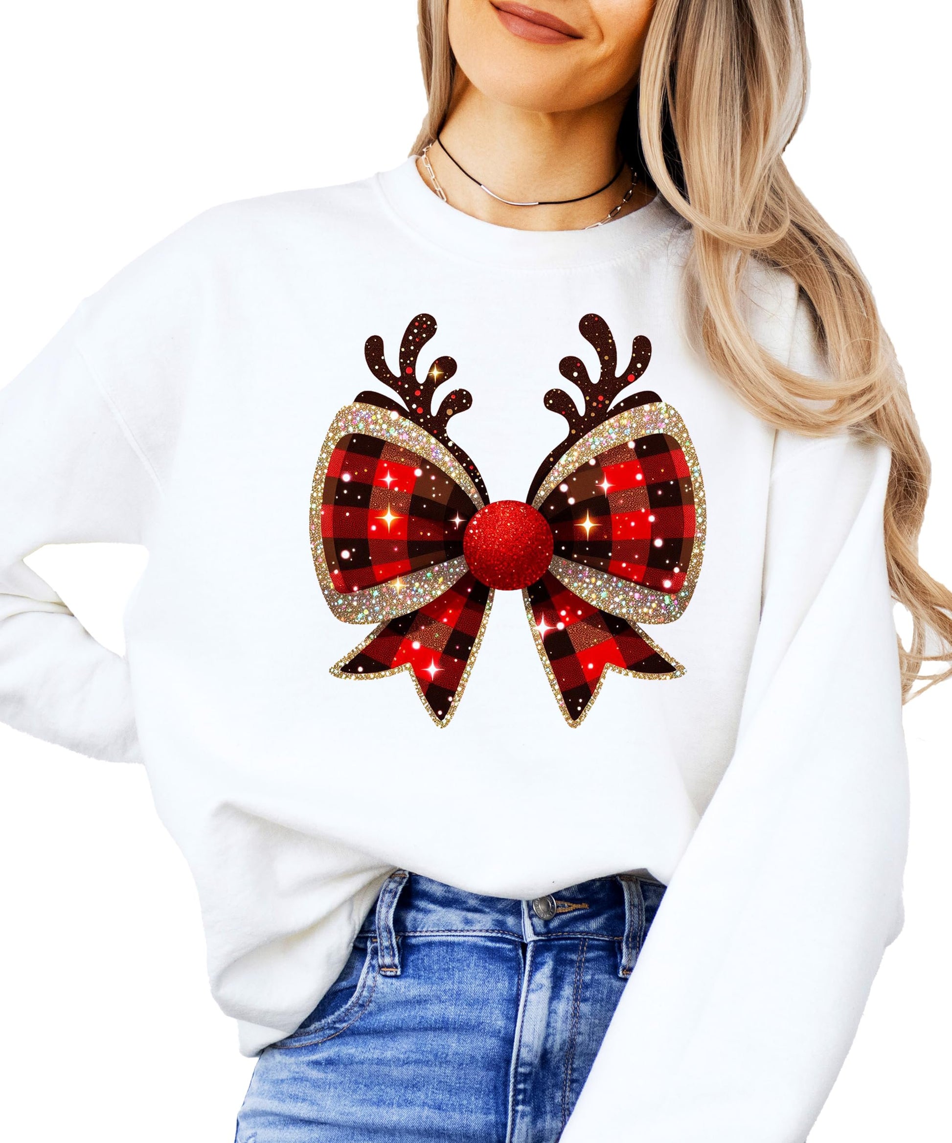 Kids or teen wearing red and black check Christmas bow reindeer antlers holiday graphic tee
