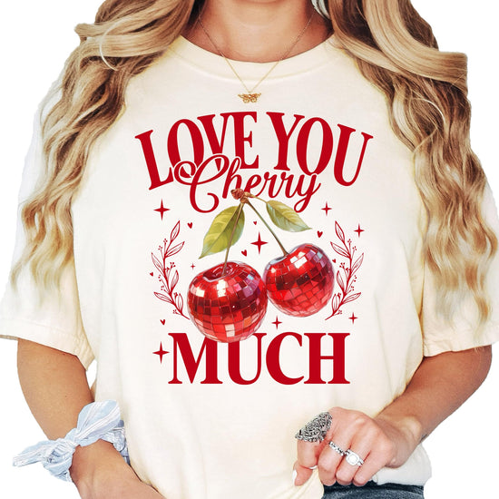 Close-up of faux glitter Love You Cherry Much cherry print on women's tee
