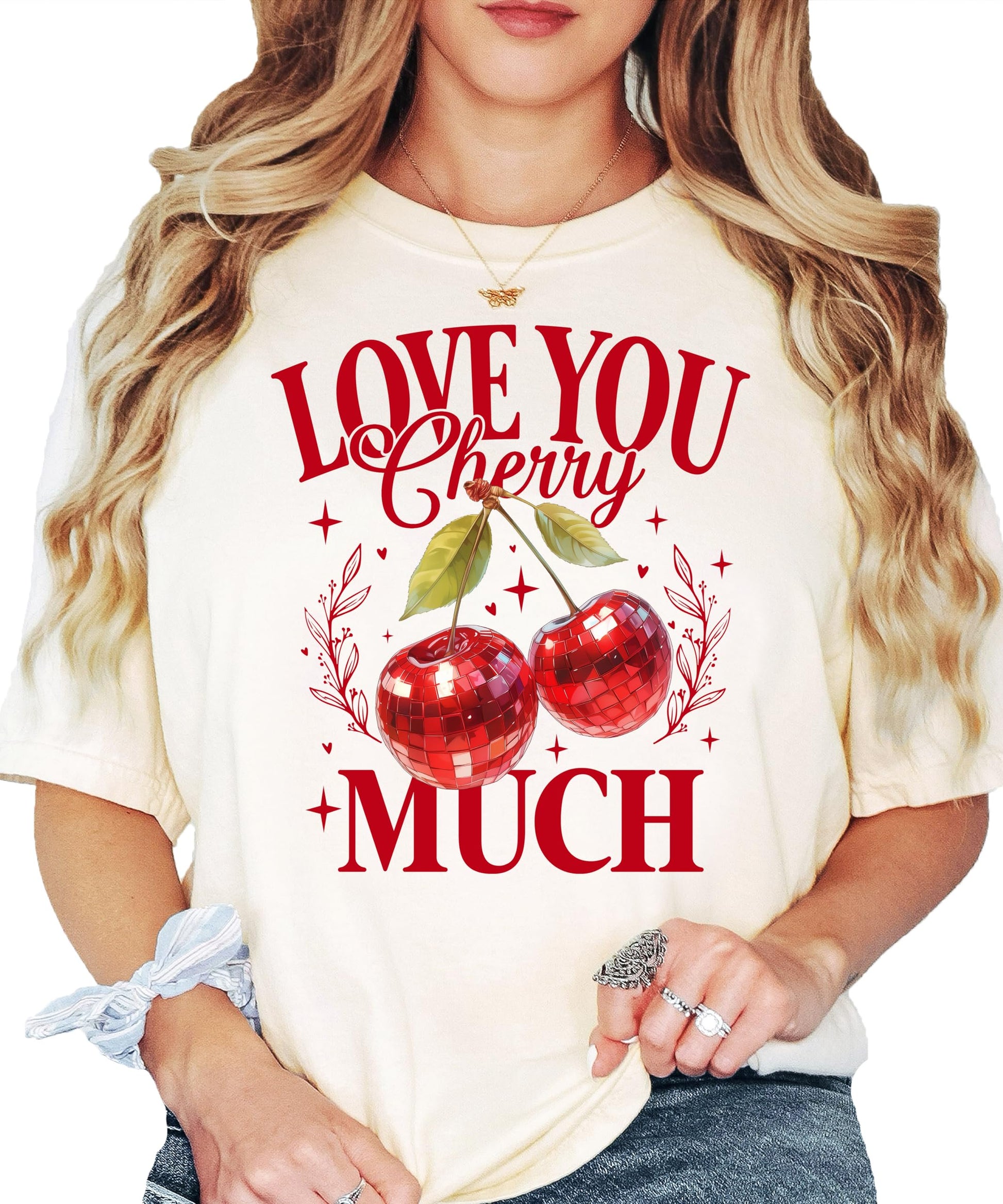 Close-up of faux glitter Love You Cherry Much cherry print on women's tee