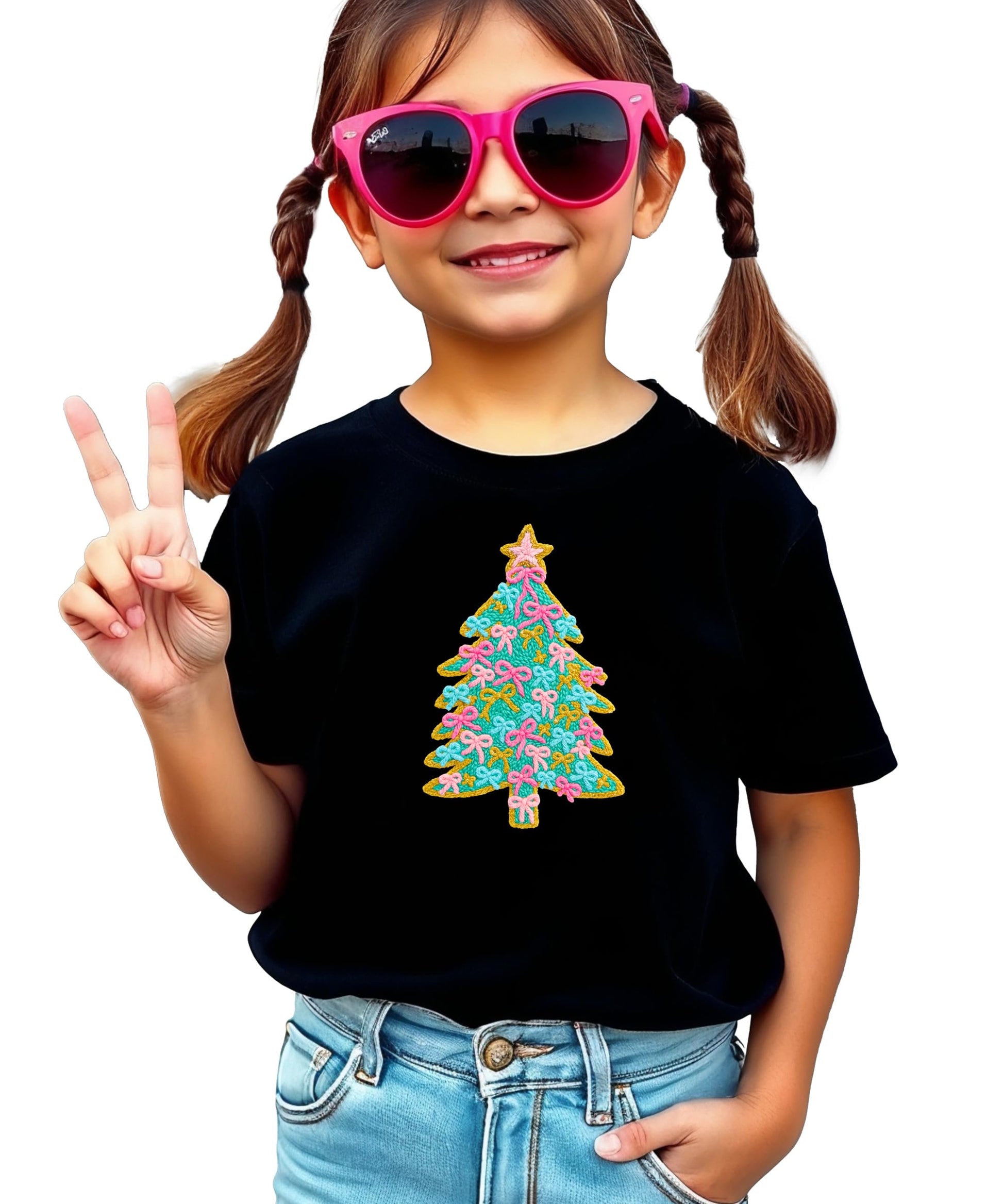 Detail shot of professional ink-printed Christmas tree with pink bow ornaments on natural kids shirt