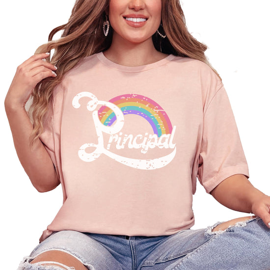 Detail shot of high-quality rainbow principal print on soft black graphic tee