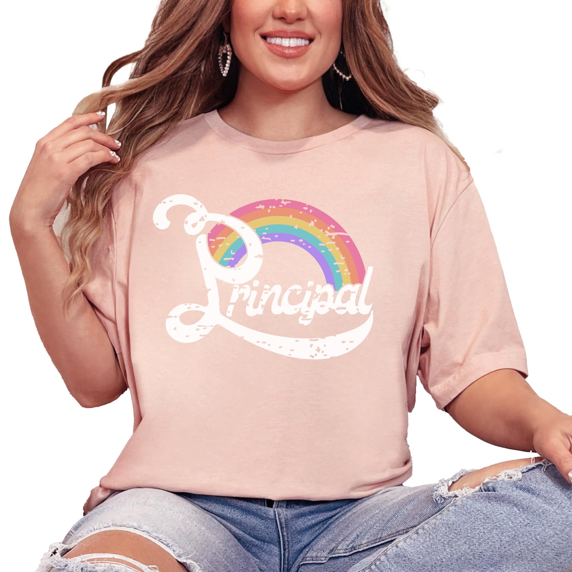 Detail shot of high-quality rainbow principal print on soft black graphic tee