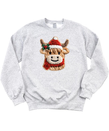 Ink Printed Image NOT a Chenille Patch Cow Sweatshirt for Women, Teens & Kids Faux Yarn Christmas Sweater