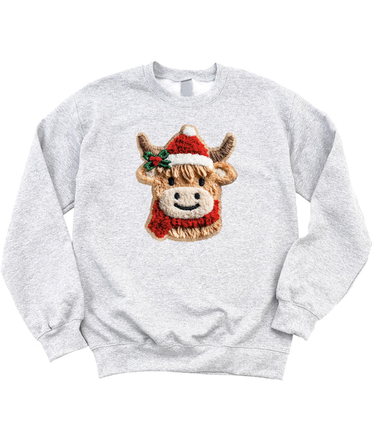 Ink Printed Image NOT a Chenille Patch Cow Sweatshirt for Women, Teens & Kids Faux Yarn Christmas Sweater