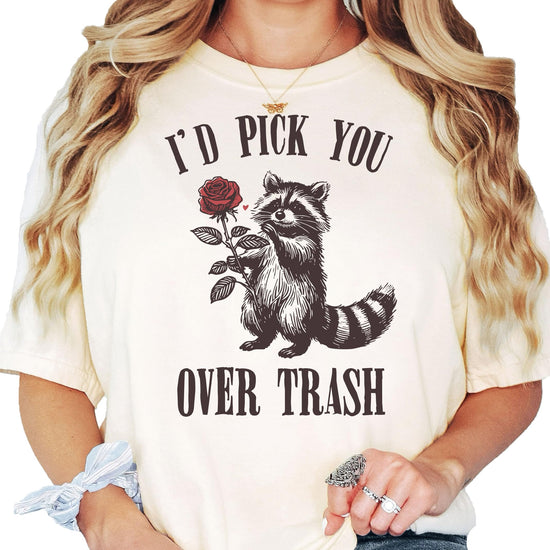 Detail shot of professional print quality on 'I'd Pick You Over Trash' raccoon Valentine's tee