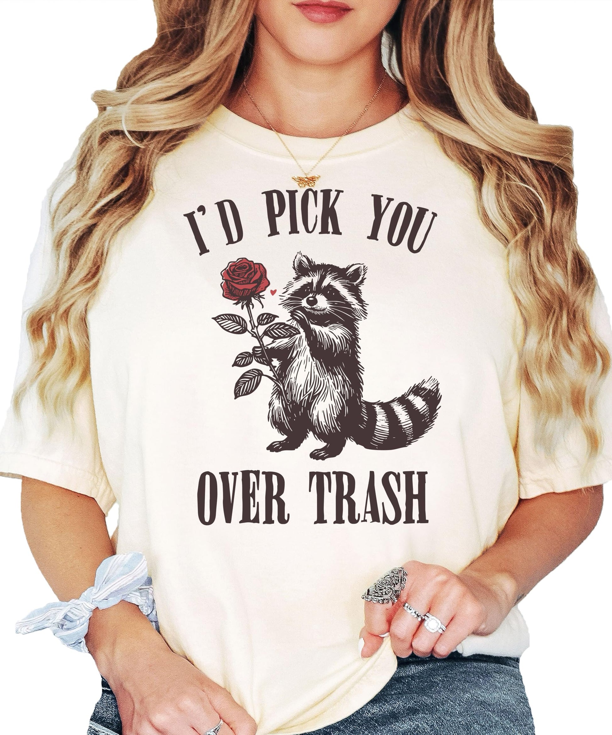 Detail shot of professional print quality on 'I'd Pick You Over Trash' raccoon Valentine's tee