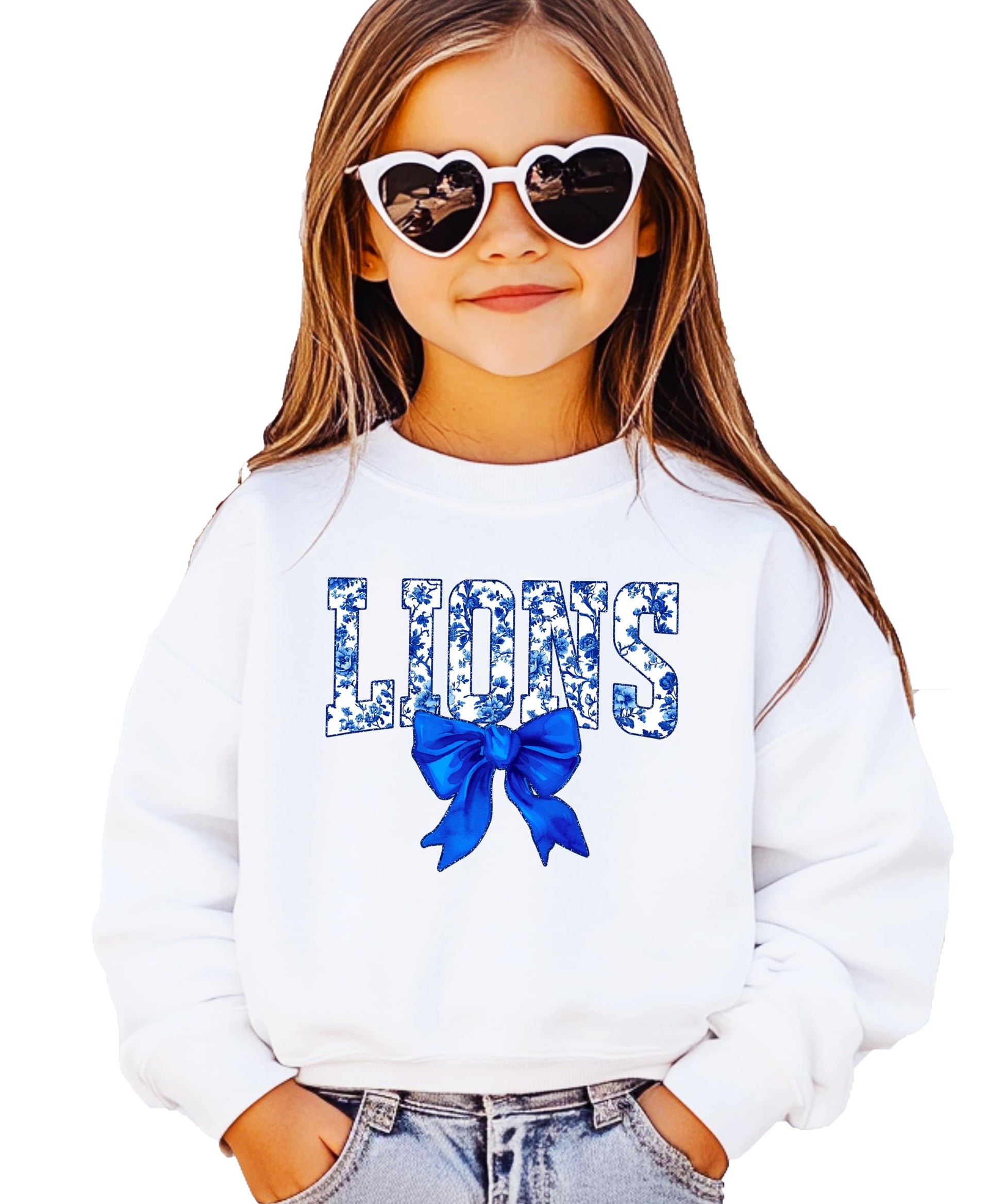 Side or lifestyle view of floral Lions sweatshirt styled for game day casual wear