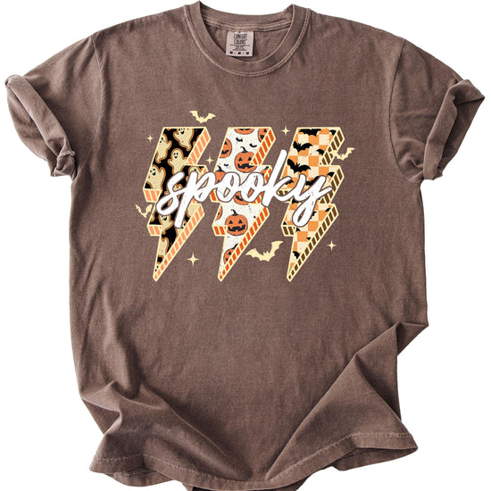 Detail shot of Spooky Halloween tee showing bat and ghost graphic print quality on espresso shirt