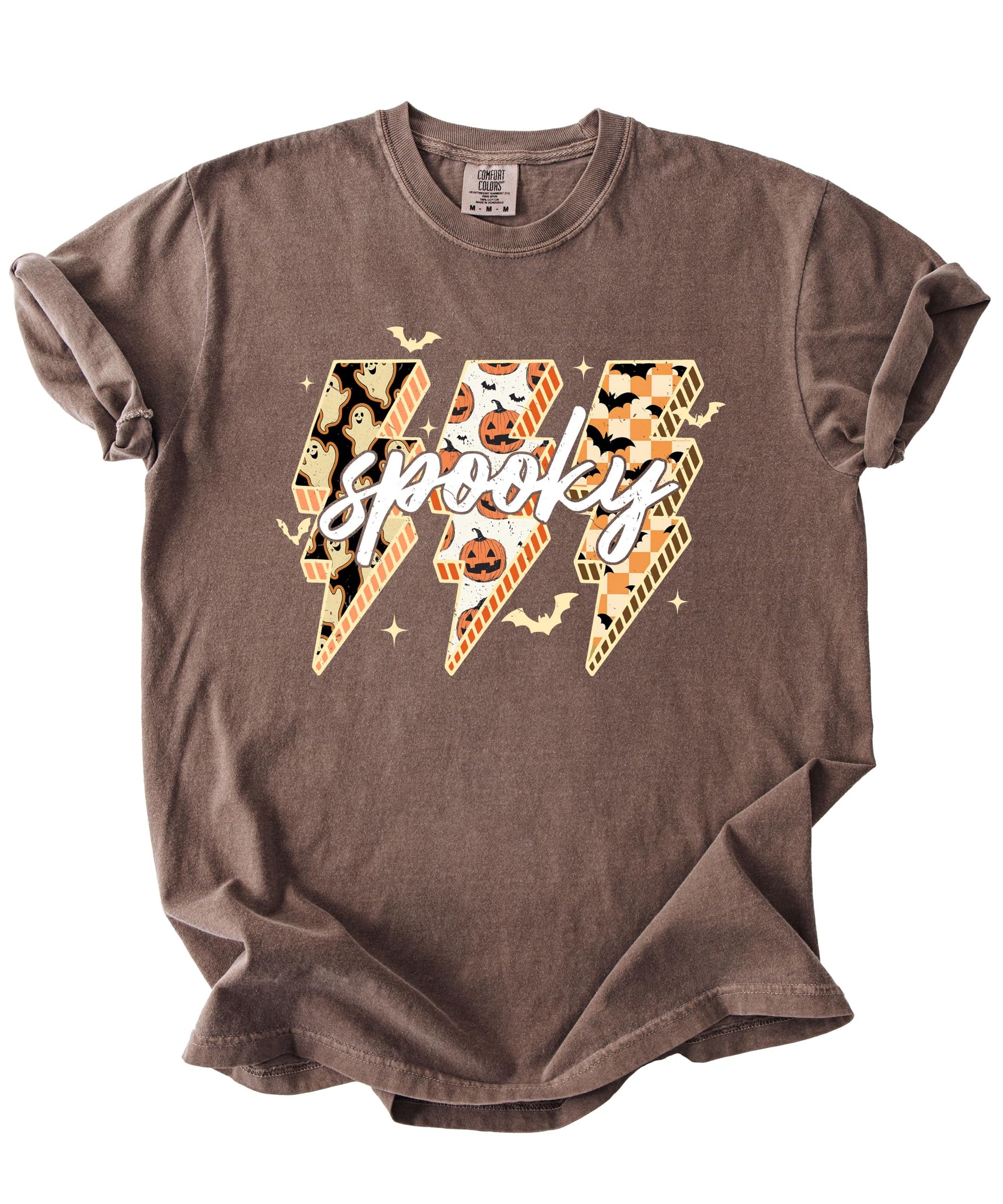 Detail shot of Spooky Halloween tee showing bat and ghost graphic print quality on espresso shirt