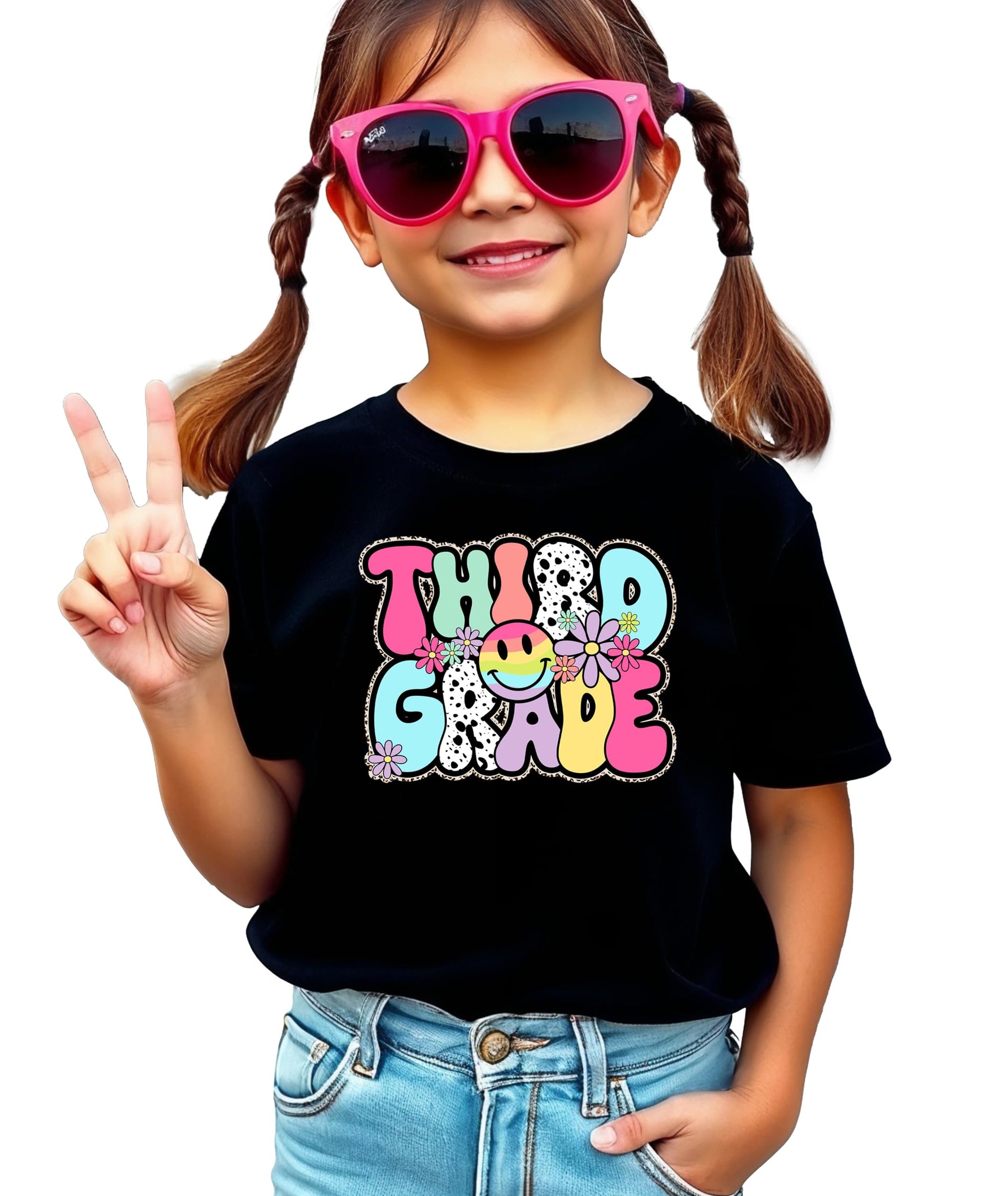 Close-up of groovy Third Grade shirt design showing retro bubble letters and floral details