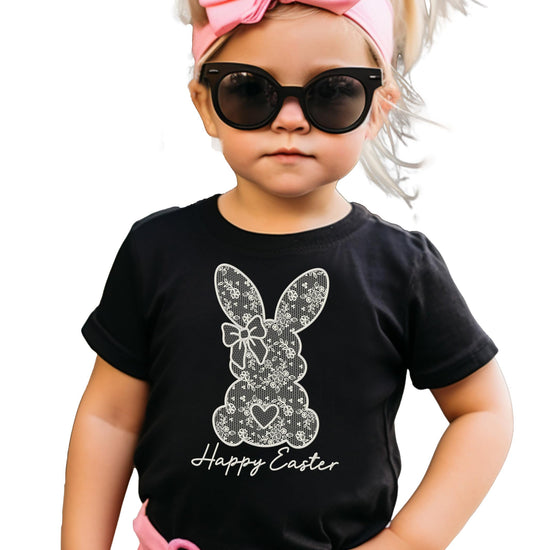 Purple Easter bunny shirt with lace design and Happy Easter text for girls