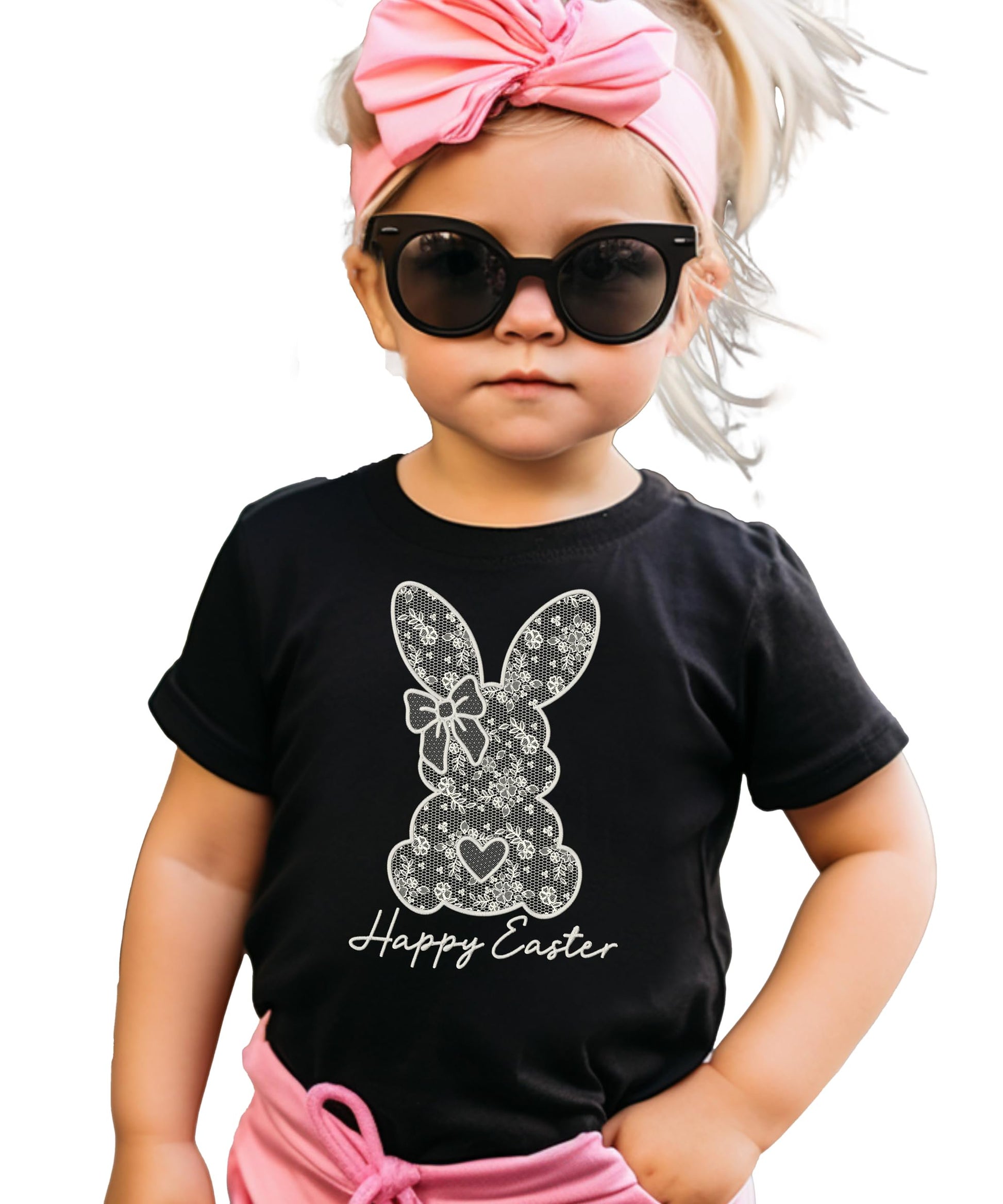 Purple Easter bunny shirt with lace design and Happy Easter text for girls