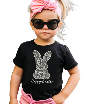 Purple Easter bunny shirt with lace design and Happy Easter text for girls