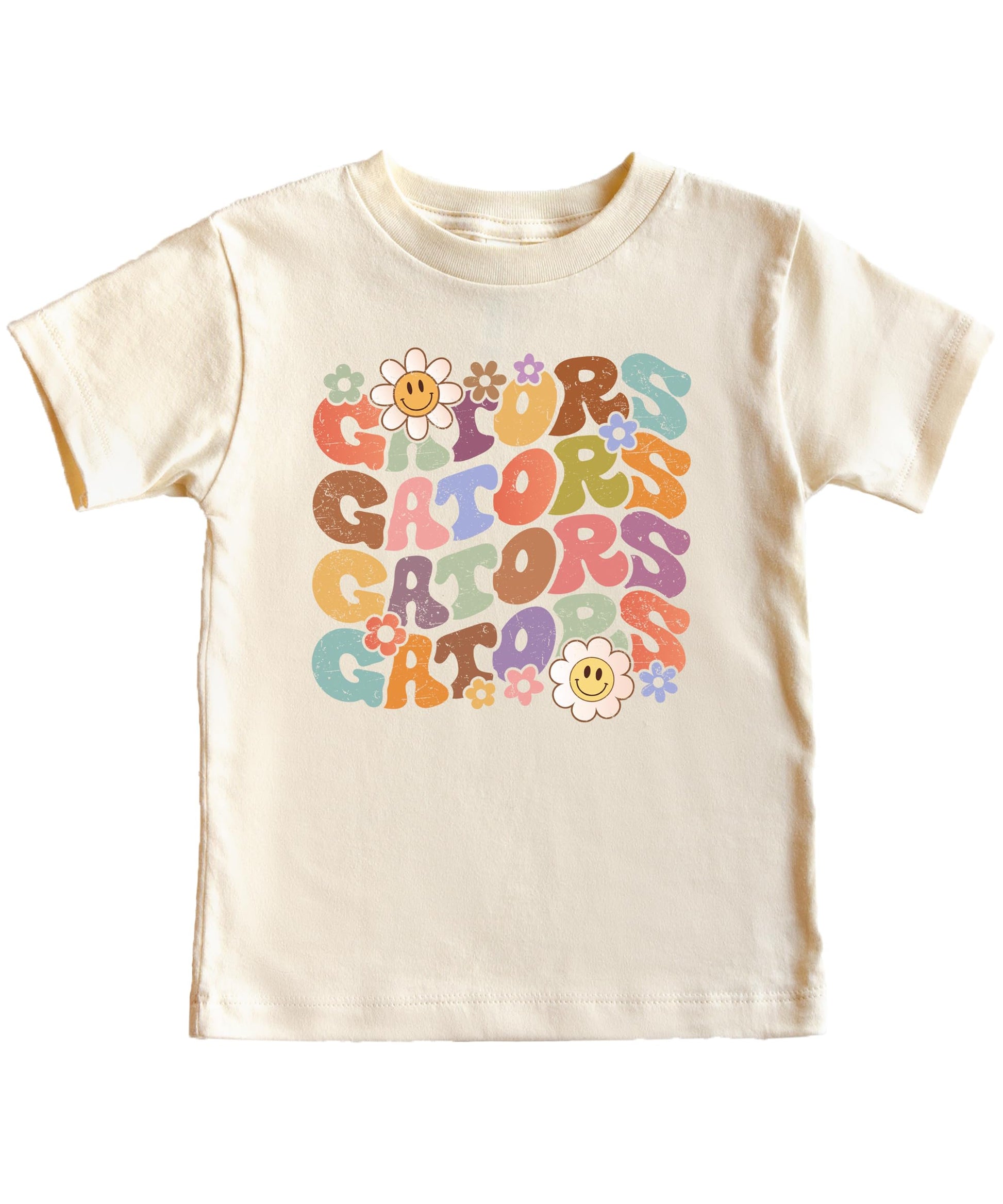 Close-up of groovy GATORS print with smiley flower details on natural tee