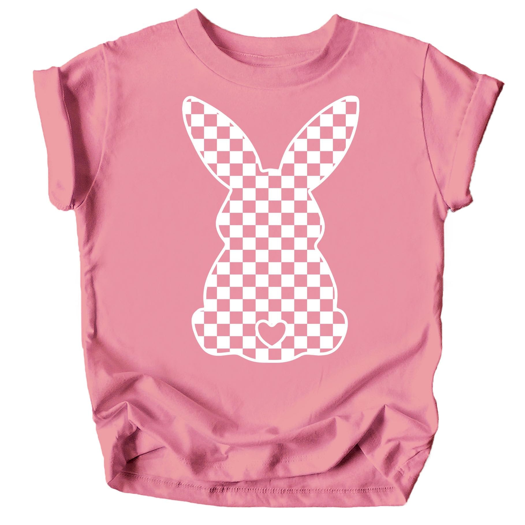 Girls peach bunny checkered Easter graphic tee by Olive Loves Apple