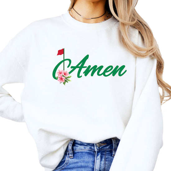 Amen Golf crewneck sweatshirt styled casually, perfect for golf tournaments and everyday wear