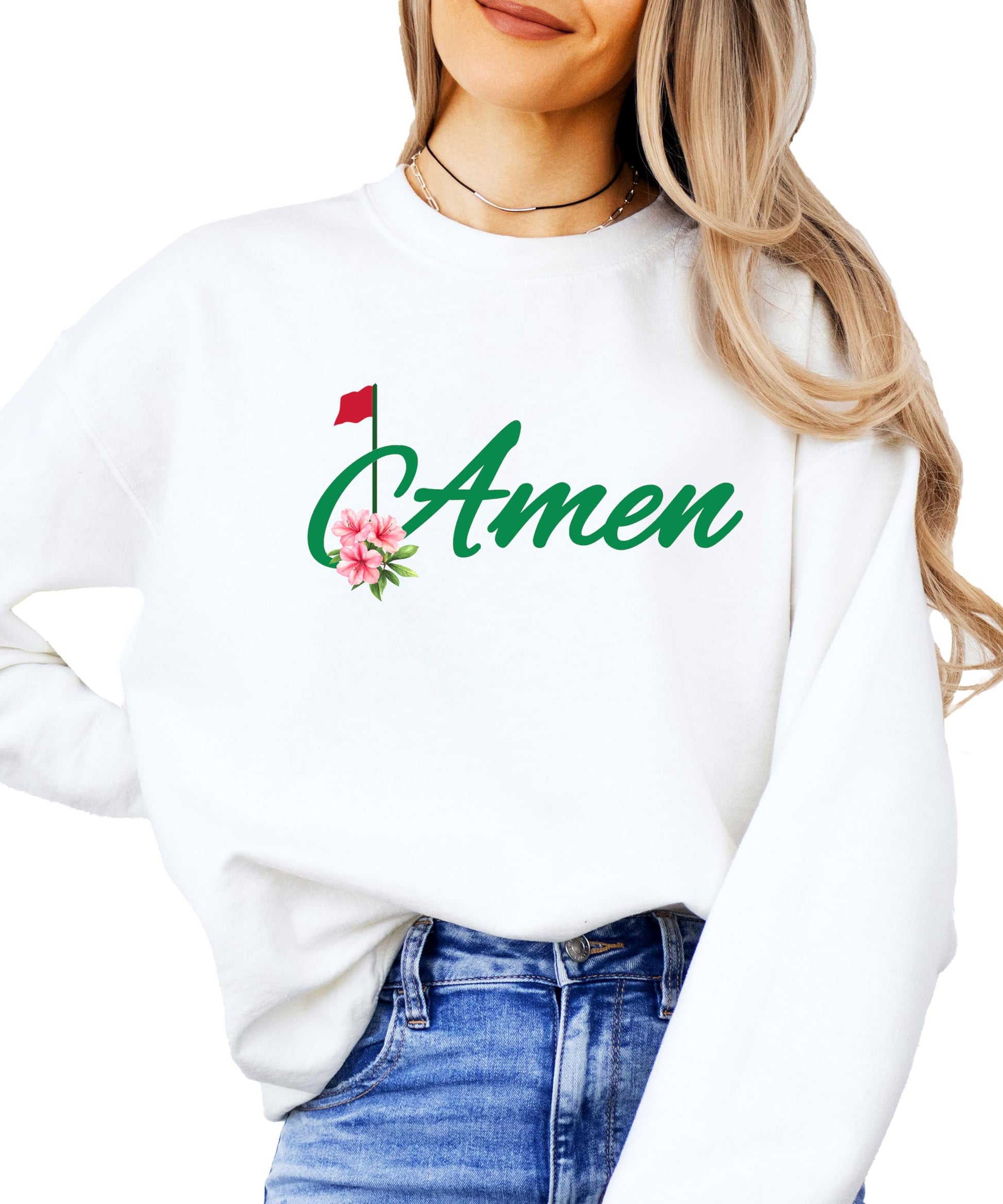 Amen Golf crewneck sweatshirt styled casually, perfect for golf tournaments and everyday wear