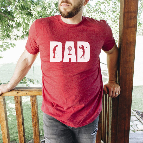 Dad golfer shirt in red shown from an angle highlighting print quality and fit