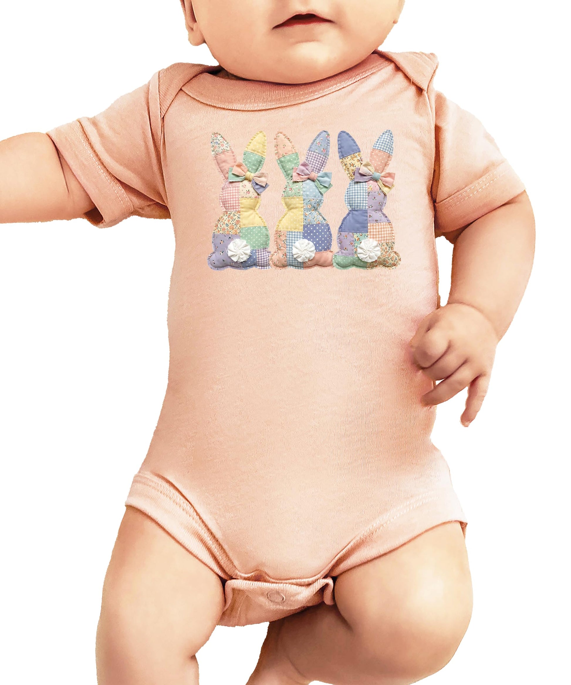 Easter bunny bodysuit displayed on a neutral background showing full front print detail
