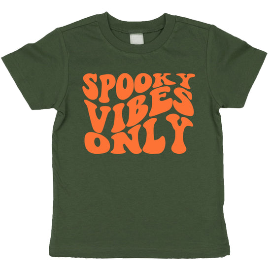 Close-up of bold orange Spooky Vibes Only retro graphic on vintage burgundy toddler Halloween shirt