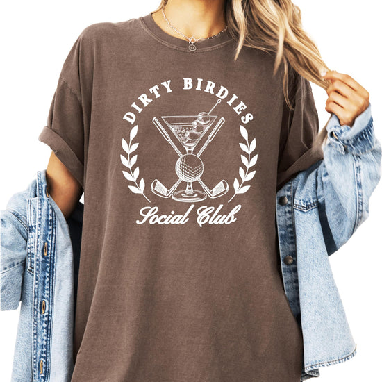 Close-up of Dirty Birdies Social Club graphic print on ivory women's tee – crisp high-quality print