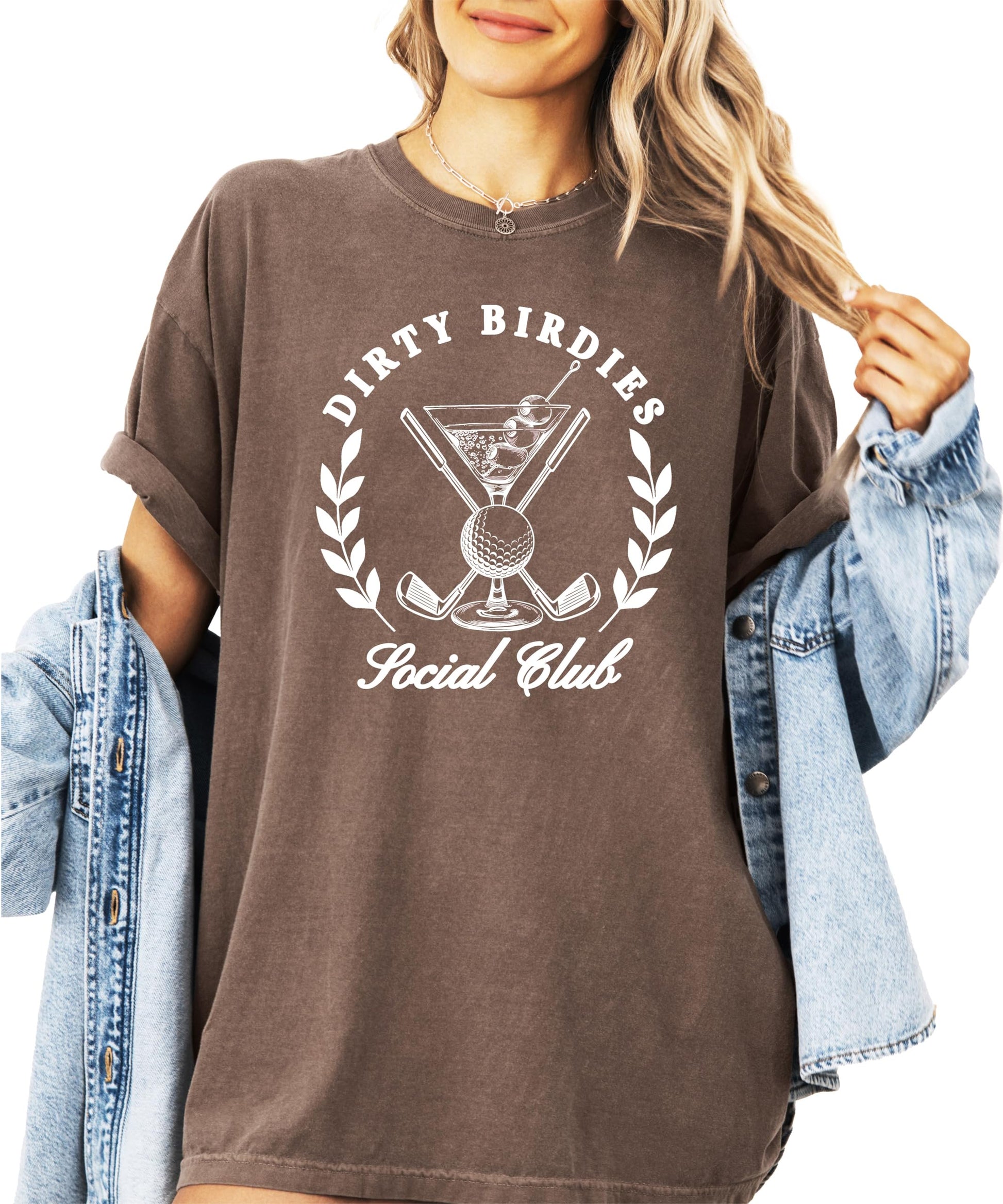 Close-up of Dirty Birdies Social Club graphic print on ivory women's tee – crisp high-quality print