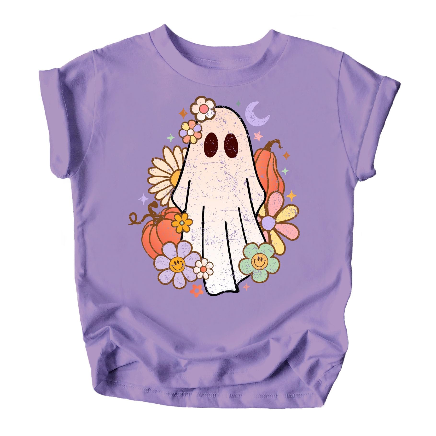 Front view of purple groovy ghost Halloween shirt for baby and toddler girls