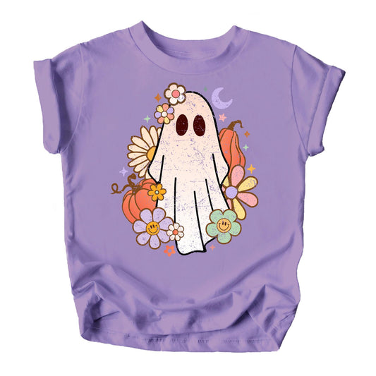 Front view of purple groovy ghost Halloween shirt for baby and toddler girls