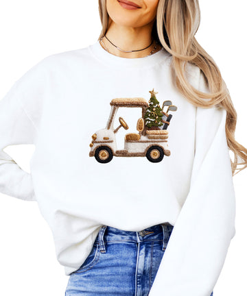 Ink-Printed Image NOT a Yarn Patch - Christmas Golf Cart Sweatshirt for Women Festive Sweater Gray Sweatshirt Adult Small