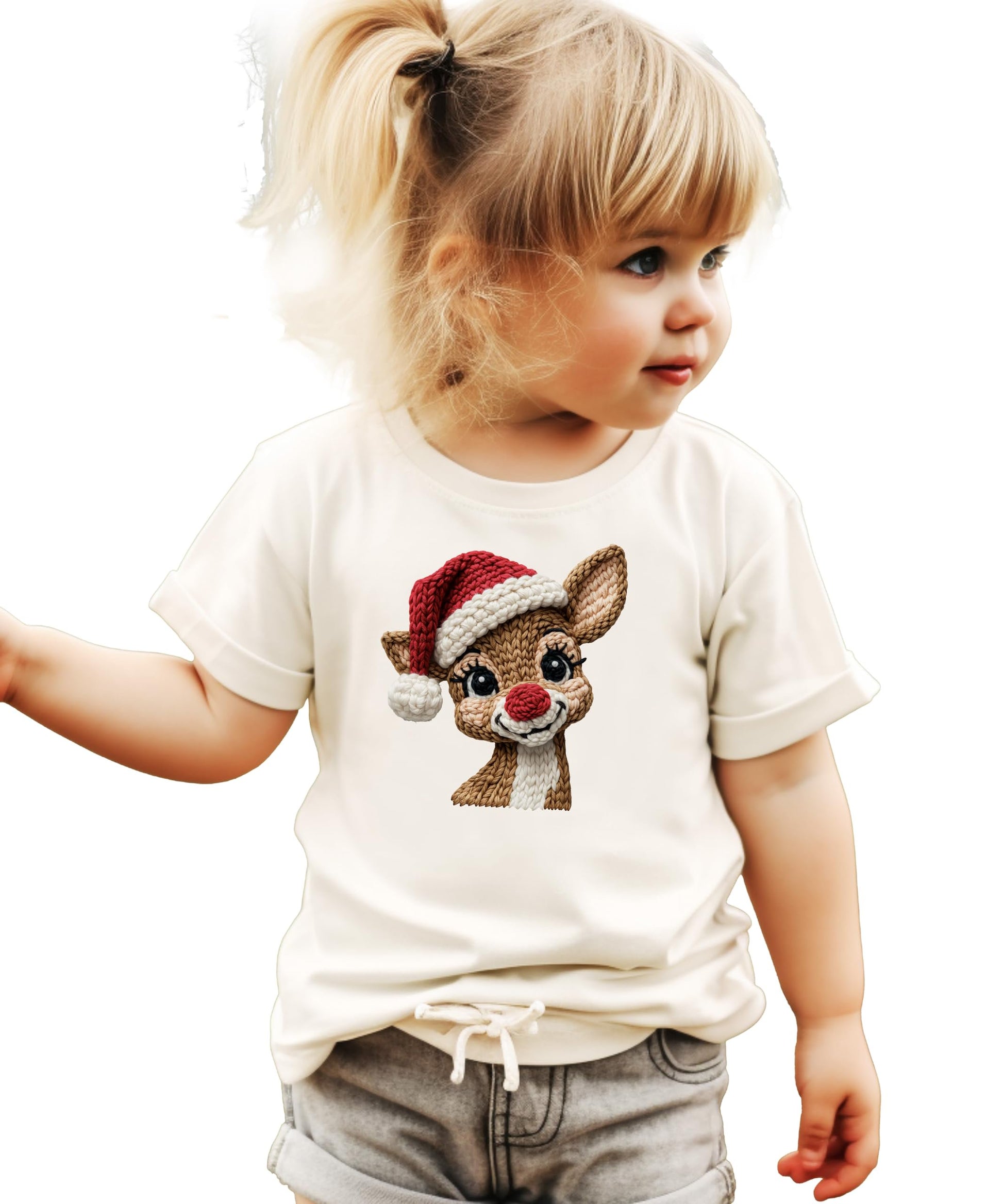 Close-up of knitted-style reindeer Santa hat graphic print on natural Christmas shirt