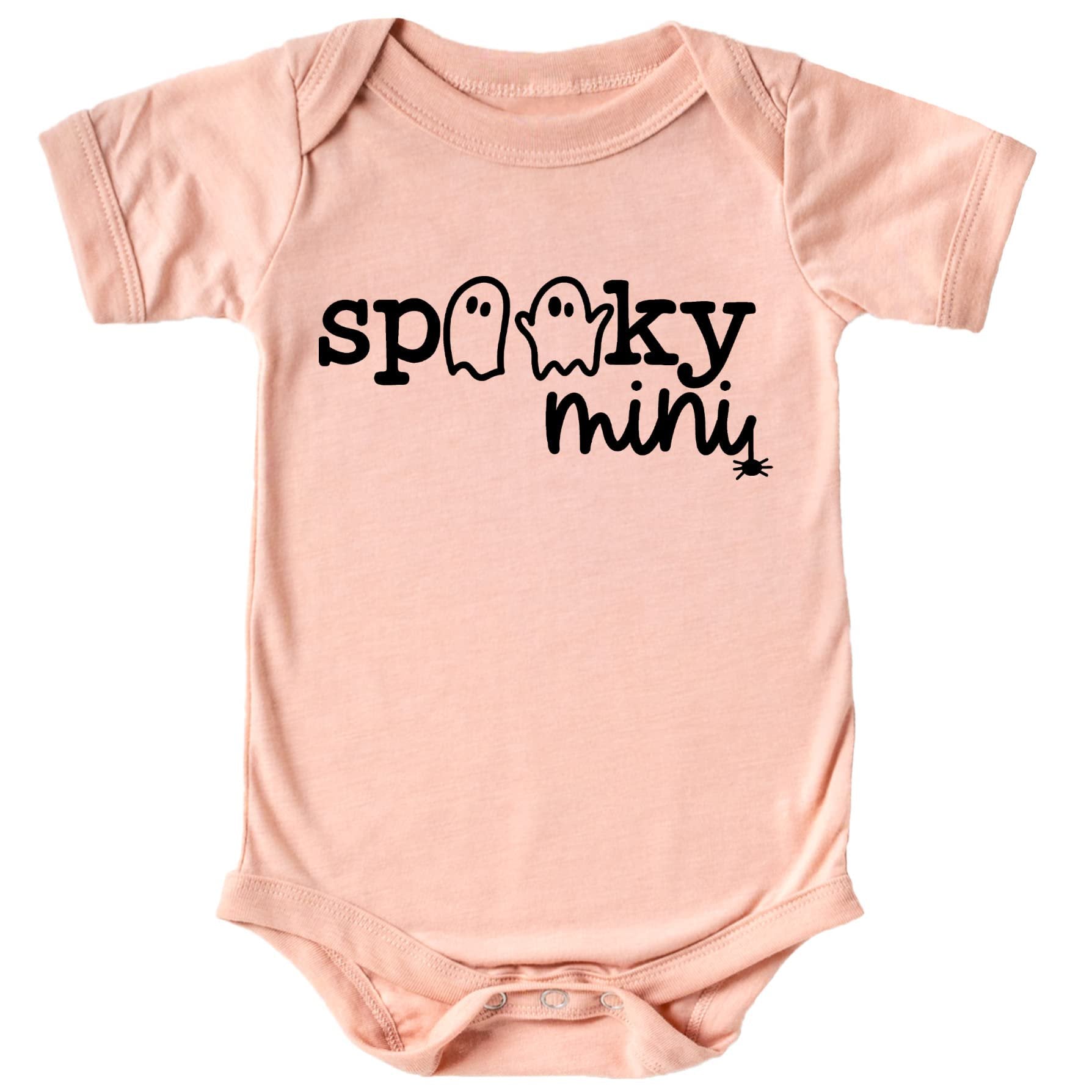 Flat lay of spooky mini ghost Halloween shirt and bodysuit set in vintage burgundy