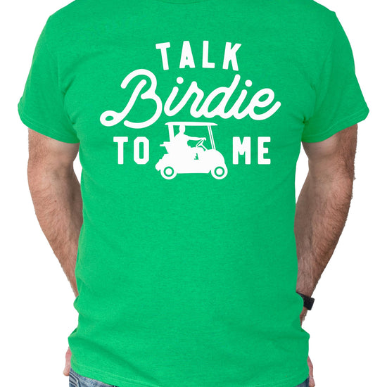 Full front view of mens golf tee with weapons of grass destruction design in vintage green
