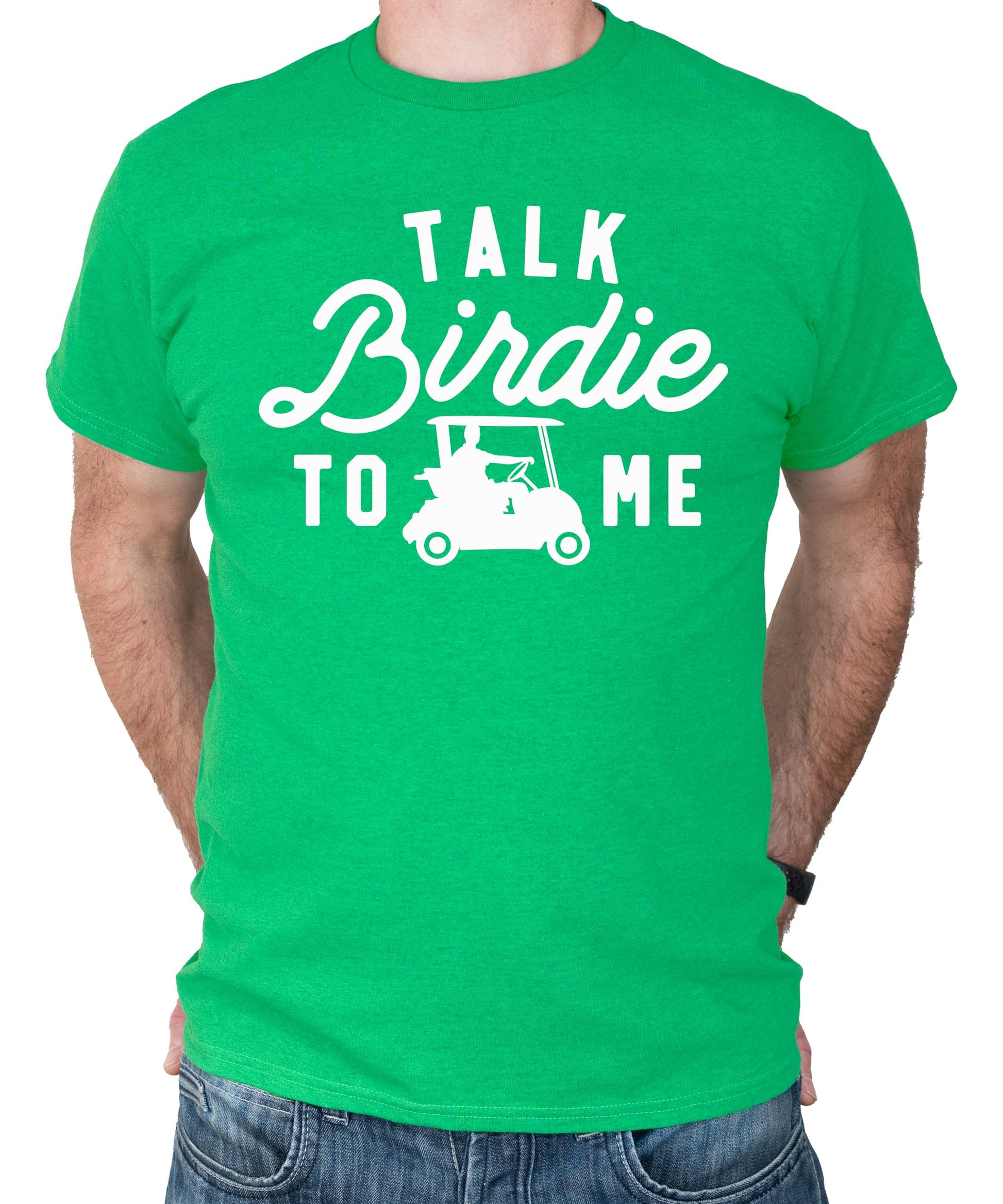 Full front view of mens golf tee with weapons of grass destruction design in vintage green