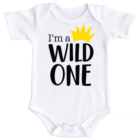 Close-up of Wild One yellow crown design on a boys first birthday bodysuit