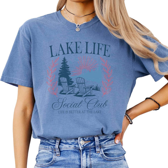 Back view of Lake Life Social Club graphic tee showing garment fit and Comfort Colors quality