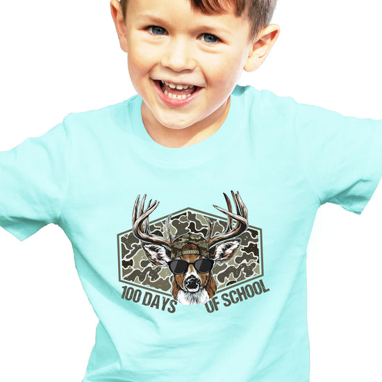Close-up of 100 days of school country camo buck design on youth boys tee