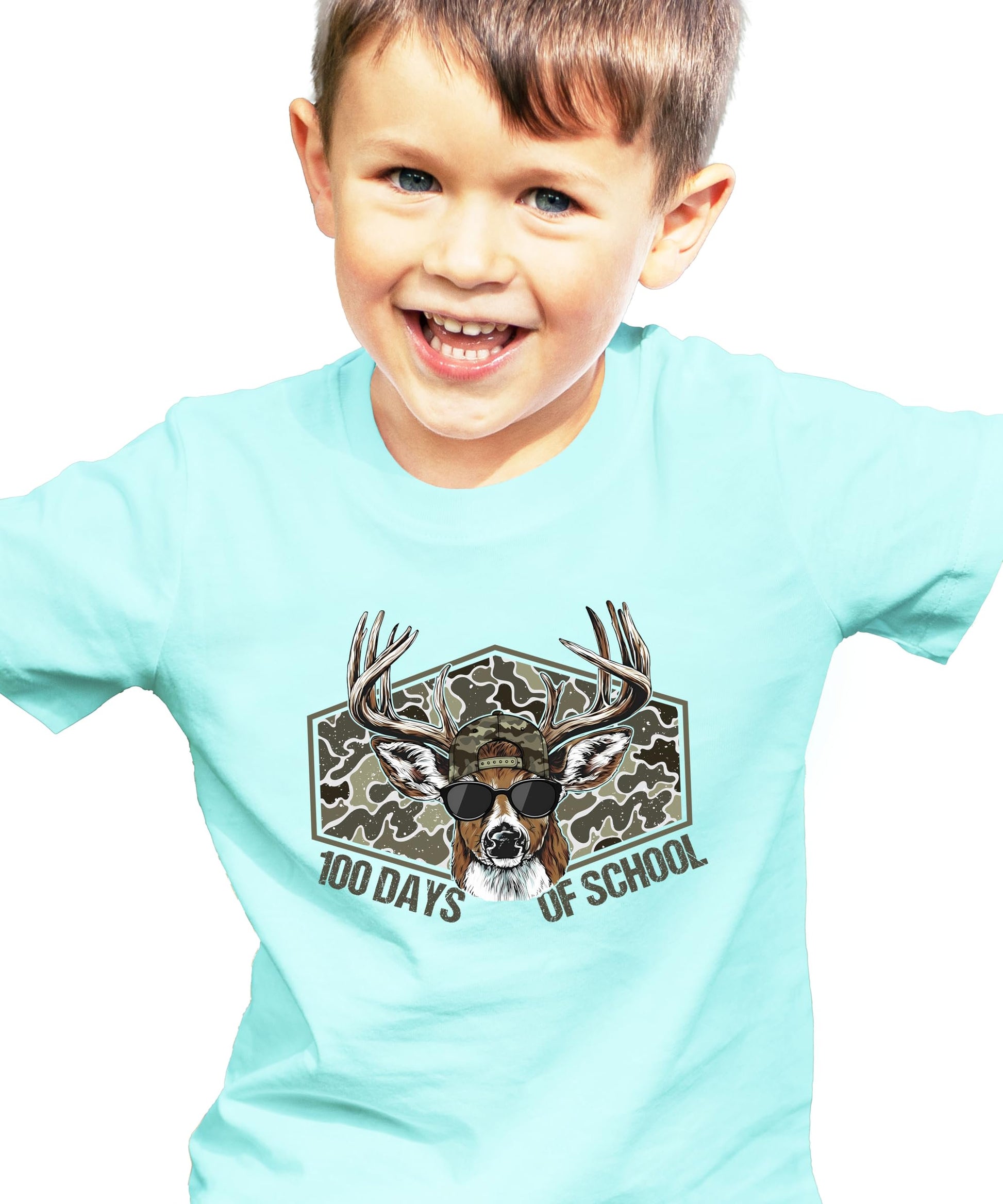 Close-up of 100 days of school country camo buck design on youth boys tee