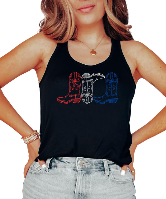 Close-up of red white and blue western boots graphic print on black women's tank top