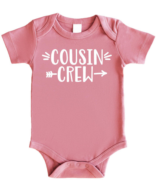 Close-up of Cousin Crew text design showing print quality and vintage styling