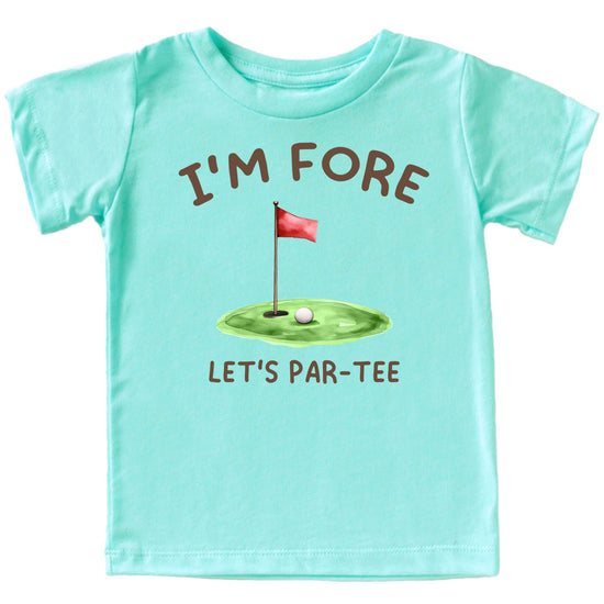 Kids natural graphic tee with 'I'm Fore Let's Par Tee' funny golf birthday design for toddlers and boys