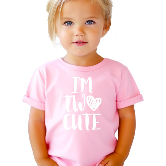 Front view of I'm Two Cute 2nd birthday toddler tee in mauve with white lettering