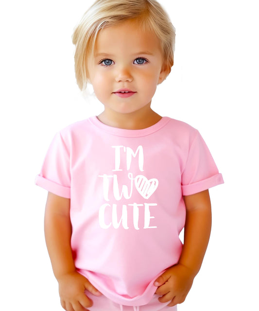 Front view of I'm Two Cute 2nd birthday toddler tee in mauve with white lettering