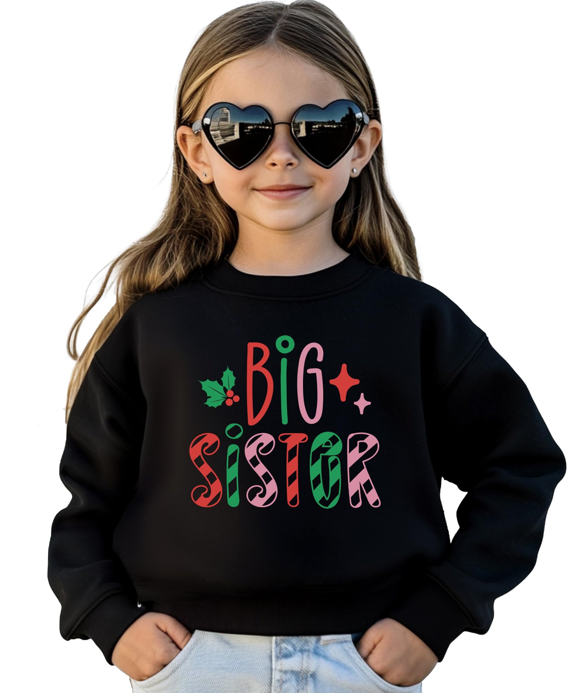 Front view of youth Big Sister Christmas sweatshirt featuring festive candy cane graphic design