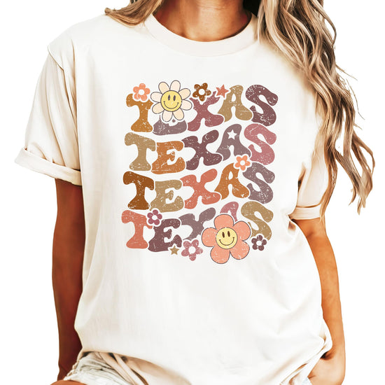Detail shot of Texas retro tee highlighting quality print and vibrant colors of groovy design