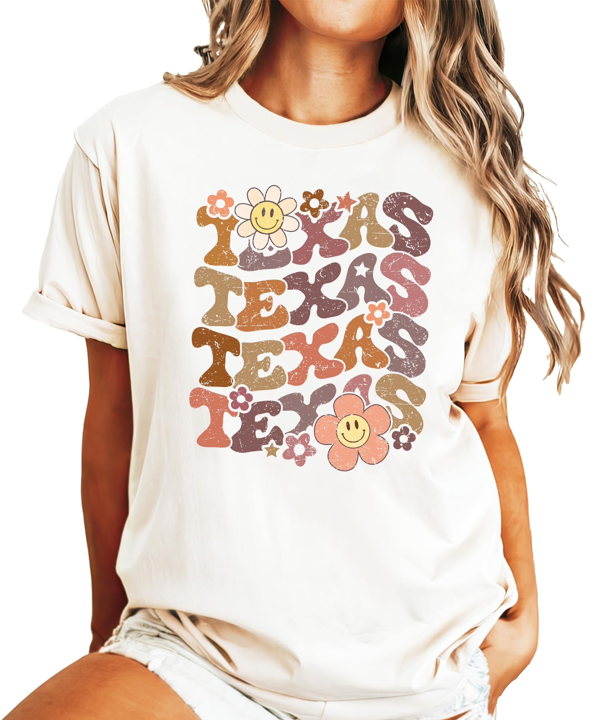 Detail shot of Texas retro tee highlighting quality print and vibrant colors of groovy design