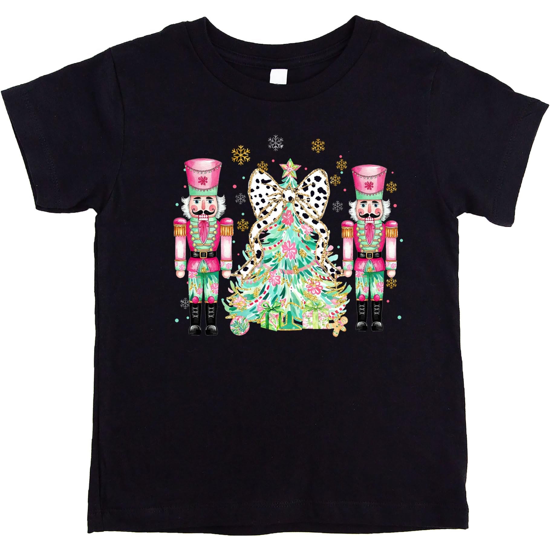 Front view of festive nutcracker Christmas tree graphic tee in peach for women and girls