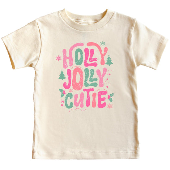 Girls wearing pink Holly Jolly Cutie Christmas graphic tee styled for a festive holiday look