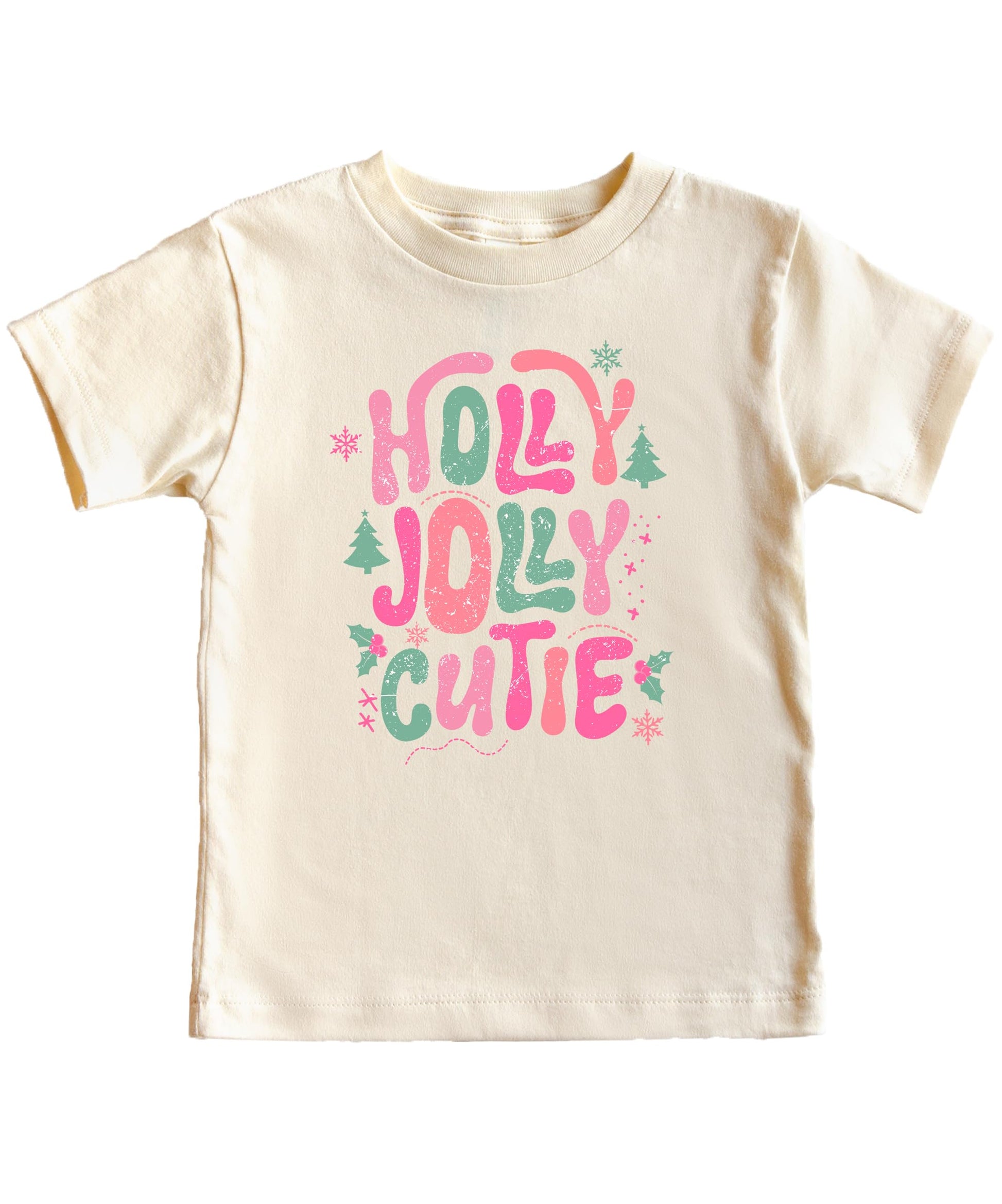 Girls wearing pink Holly Jolly Cutie Christmas graphic tee styled for a festive holiday look